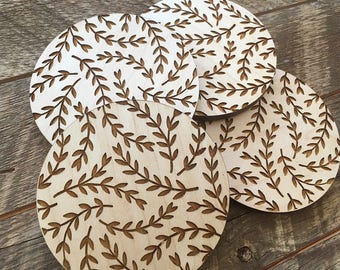 Leaf Pattern, Wood Coaster Set, Set of 4 Wood Coasters