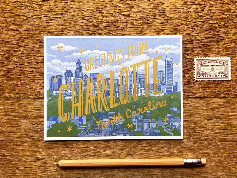 Cartolina di Charlotte, Saluti da Charlotte, Carolina del Nord, Cartolina stampata in lamina e digitale immagine 1