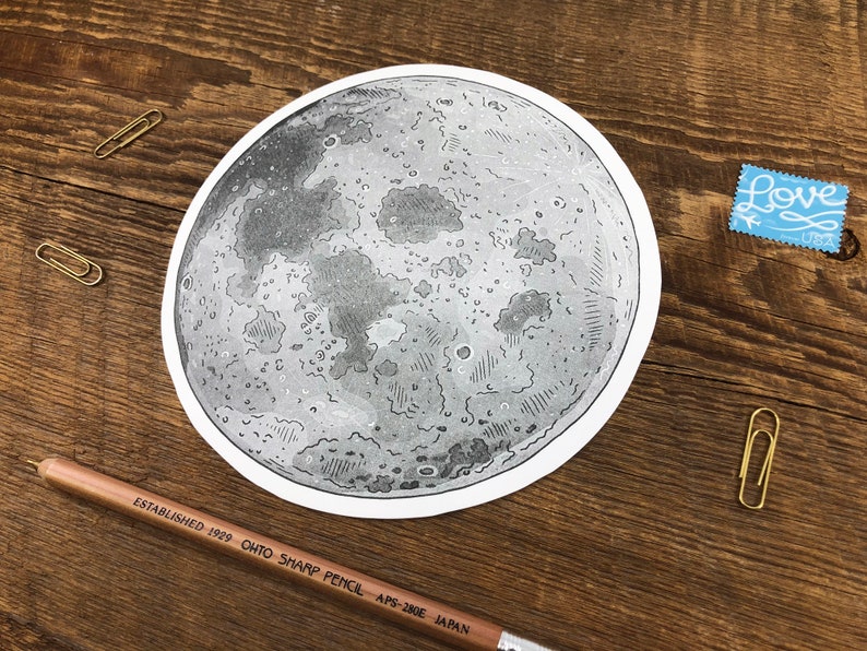 Moon Postcard, Lunar Art, Full Moon, Fly Me to the Moon, Moon Illustration Postcard, Single Die Cut Letterpress Postcard image 2