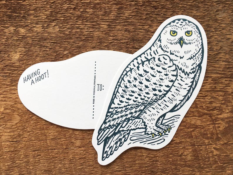 Snowy Owl Postcard, Owl Postcard, Die Cut Letterpress Postcard image 2