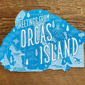 Cartão postal da Ilha Orcas, Saudações da Ilha Orcas, cartão postal tipográfico recortado