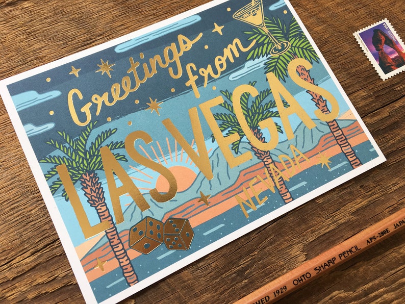 Cartolina di Las Vegas, Saluti da Las Vegas, Cartolina stampata in lamina e digitale immagine 2