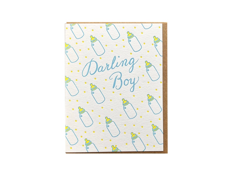 Darling Boy, Baby Card, Baby Bottle Pattern, Letterpress Note Card, Blank Inside image 4