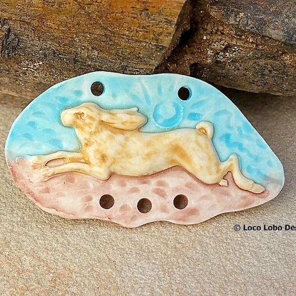 Running Rabbit Porcelain Pendant Link Cabochon Ceramic Rabbit Necklace Blues Browns DIY Jewelry Supplies Nature Themed Artisan Cabochon