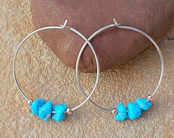 Boucles d'oreilles Turquoise Hoop Simple Sterling Silver Turquoise Bead Hoops Minimalist Stone Bead Hoops 1" Gemstone Hoop Boucles d'oreilles Cadeau pour elle