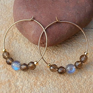 Smoky Quartz Labradorite Hoop Earrings Simple Gold Filled Bead Hoops Minimalist Stone Bead Hoops 1" Gemstone Hoop Earrings Gift For Her