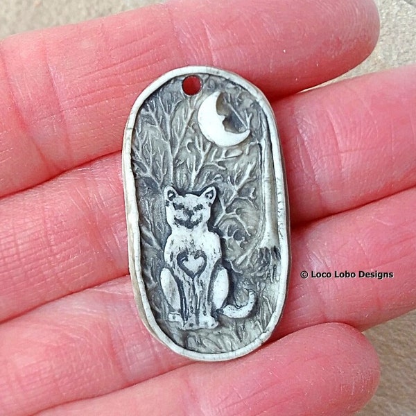 Cat Moon Tree Forest Porcelain Pendant Cabochon Necklace Charm Mountain Kitty Scene Clay Necklace Supplies Bead Embroidery Artisan Cabochon