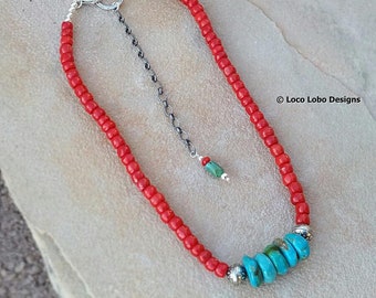 Collier corail rouge turquoise de la Belle au bois dormant, perles faites main en argent sterling, bijoux de style sud-ouest fabriqués artisanalement sur mesure 40,4 cm Super cadeau