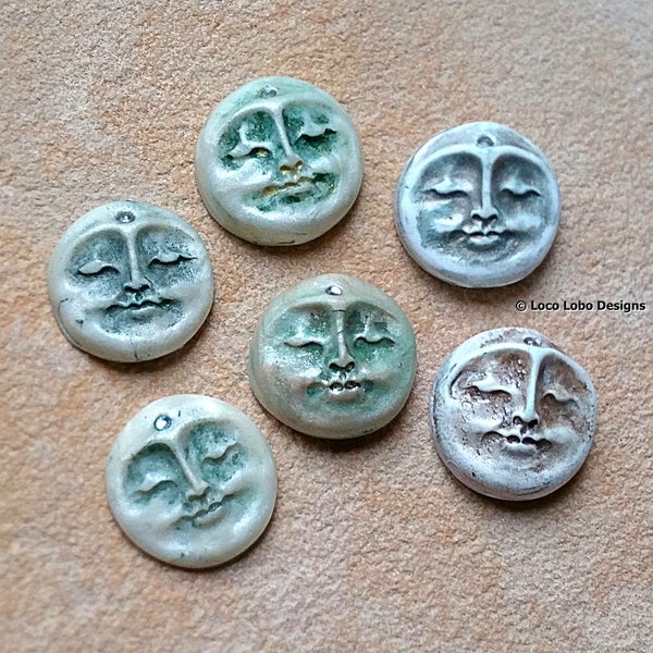 Serene Moon Face Medium Greens Cabochon Clay 20mm Moon Handcrafted Polymer Clay Austrian Crystal Focal Supplies Bead Embroidery Art Dolls