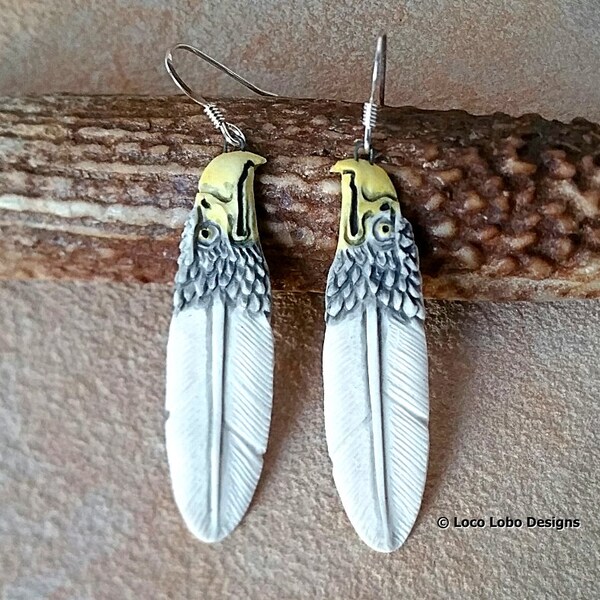 Eagle Head Feather Earrings Artisan Hand Made Porcelain Nature Bald Eagle Earrings Sterling Earwires BoHo Eagle Totem Great Unique Gift Idea