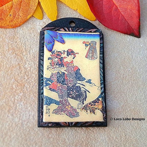 Geisha Japanese Woman Pendant Cabochon Image Transfer To Polymer Clay Artisan Made Vintage Look Bead Embroidery Supplies Beading Components