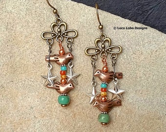 Boucles d'oreilles oiseaux du sud-ouest cuivre oiseau argent étoiles naturelles Turquoise boucles d'oreilles bijoux oiseau amoureux cadeau Nature boucles d'oreilles