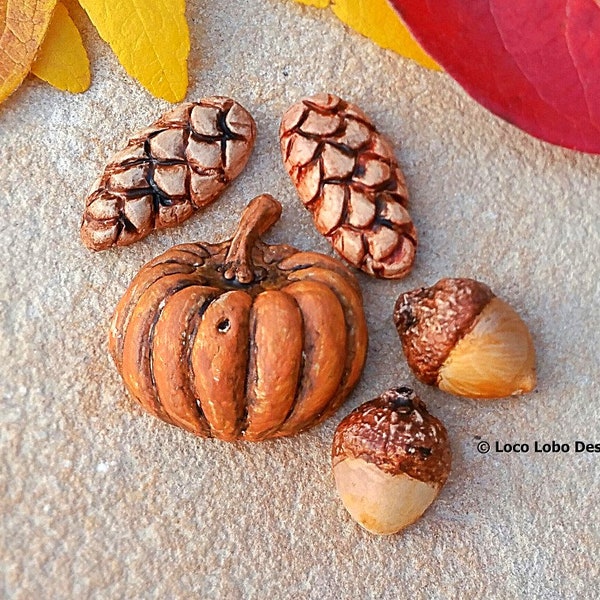 Pumpkin Acorns Pine Cones Cabochons Pendant Artisan Crafted Small Polymer Clay Five Piece Fall Winter Design Set Bead Embroidery Supplies
