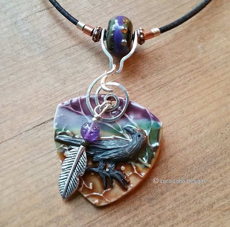 Amethyst Boho Porcelain Raven Leather Necklace By Loco Lobo Designs Feather Spiral Sterling Diamond Moon Raven Lamp Work Glass Bead