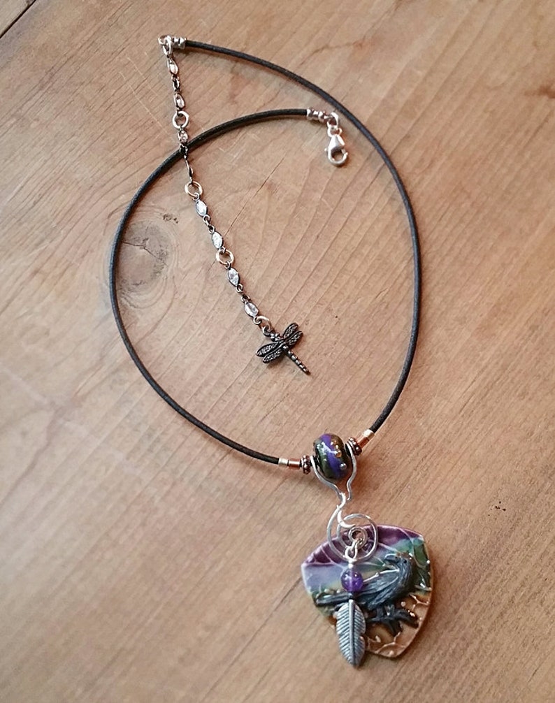 Amethyst Boho Porcelain Raven Leather Necklace By Loco Lobo Designs Feather Spiral Sterling Diamond Moon Raven Lamp Work Glass Bead
