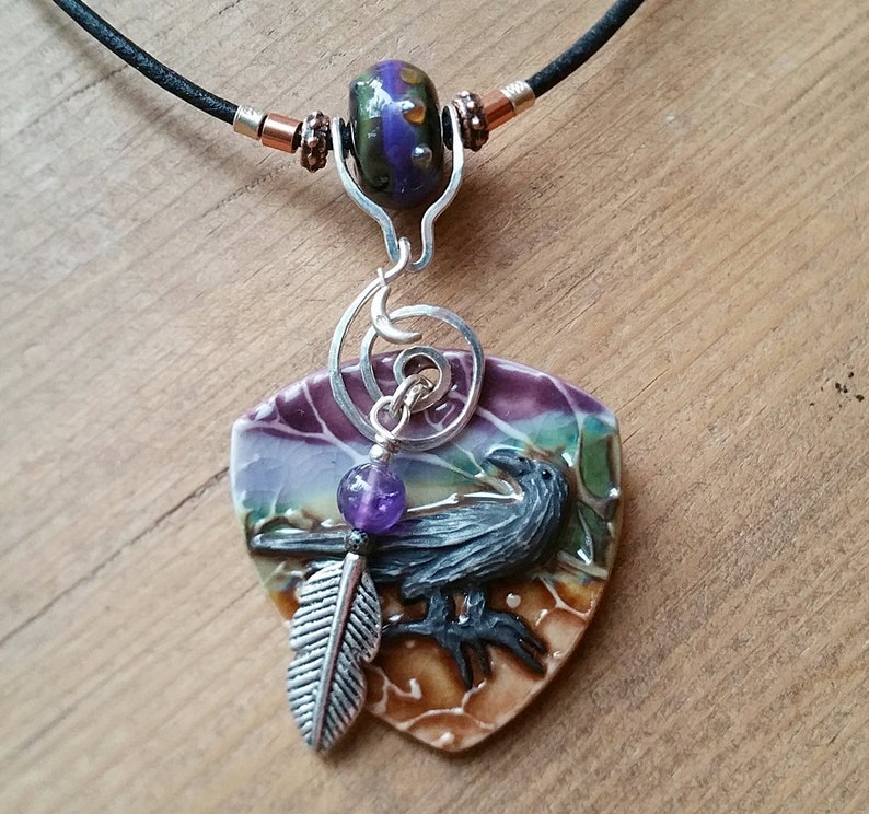 Amethyst Boho Porcelain Raven Leather Necklace By Loco Lobo Designs Feather Spiral Sterling Diamond Moon Raven Lamp Work Glass Bead