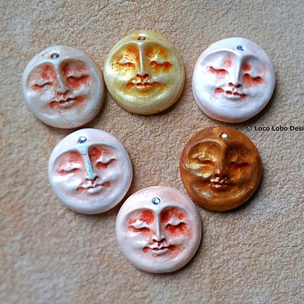 Serene Moon Face Medium Oranges Cabochon Clay 20mm Moon Handcrafted Polymer Clay Austrian Crystal Focal Supplies Bead Embroidery Art Dolls
