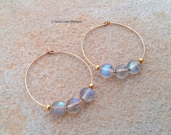 Gold Filled Labradorite Hoop Earrings Simple Labradorite Bead Hoops Minimalist Stone Bead Hoops 1" Gemstone Hoop Earrings Gift For Her
