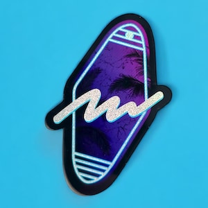 Sticker pailleté pixel porte clés motel néon tropical synthwave