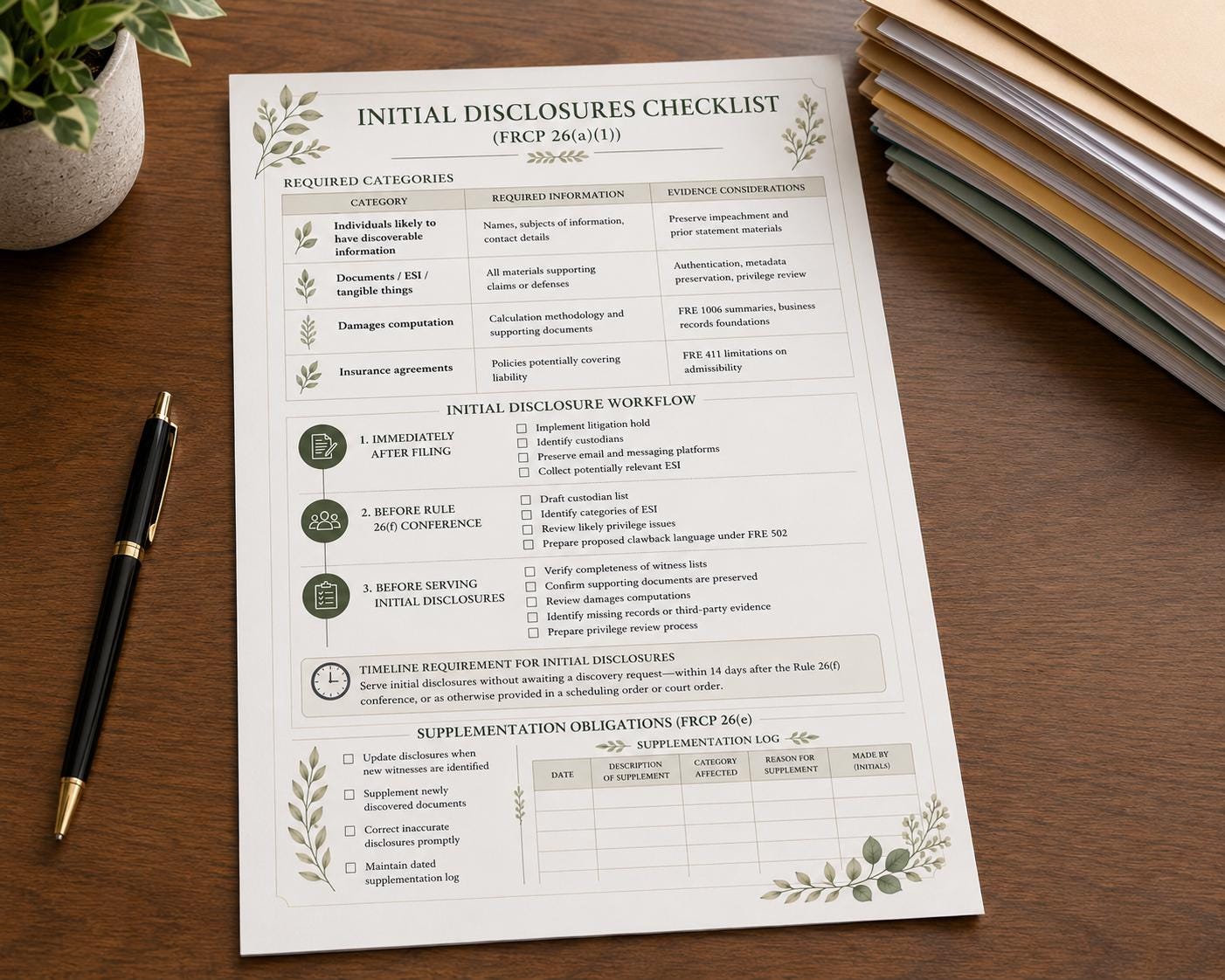 Initial Disclosures Initial Disclosures Checklist Printable | FRCP 26(a)(1) Civil ...