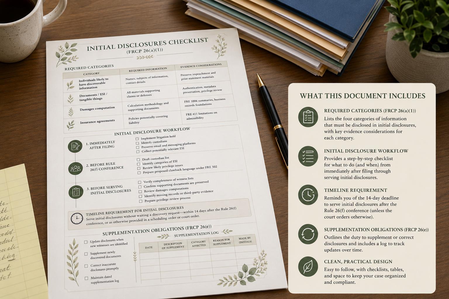 Litigation Checklist.pdf Initial Disclosures Checklist Printable | FRCP 26(a)(1) Civil ...