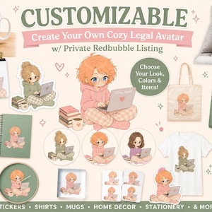 May include: A collection of customizable merchandise featuring an anime-style character with orange hair and glasses using a laptop. Items include a mug, pillow, tote bag, t-shirt, notebooks, phone case, and stickers with the text Customizable.