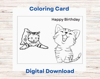 Birthday printable coloring card with cute kitty cats for preschool kids class, minimal, cat lovers
