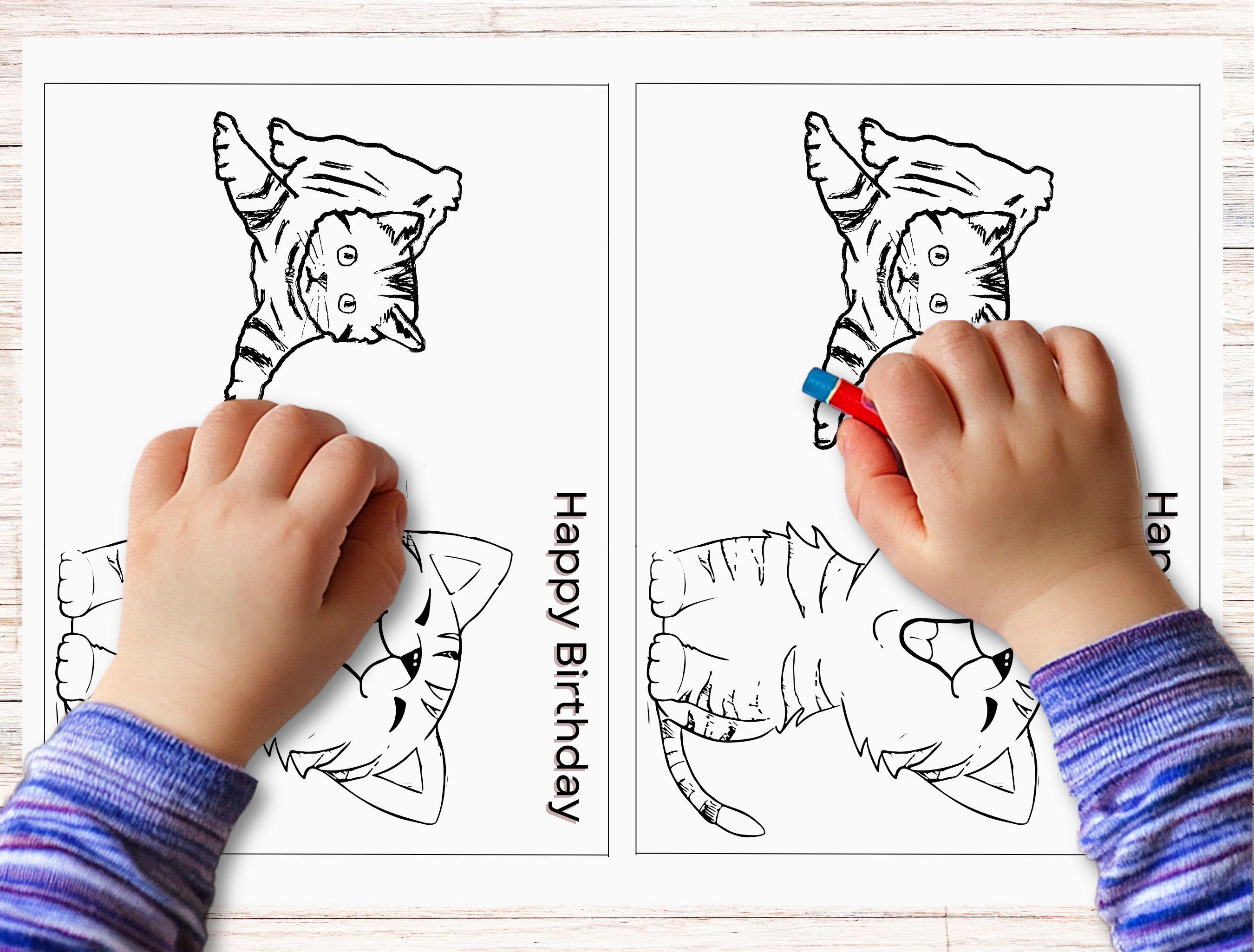 Birthday Printable Coloring Card With Cute Kitty Cats for Preschool ...