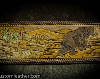 Handcrafted Leather Billfold, Bear and creek scene is hand tooled