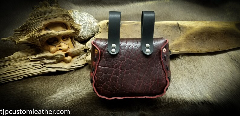 May include: A dark brown leather pouch with a red stitched border and two black leather straps with silver buckles. The pouch is on a brown fur background.
