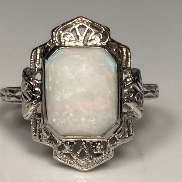 Art Deco Two Tone Opal Ring in 14K Gold