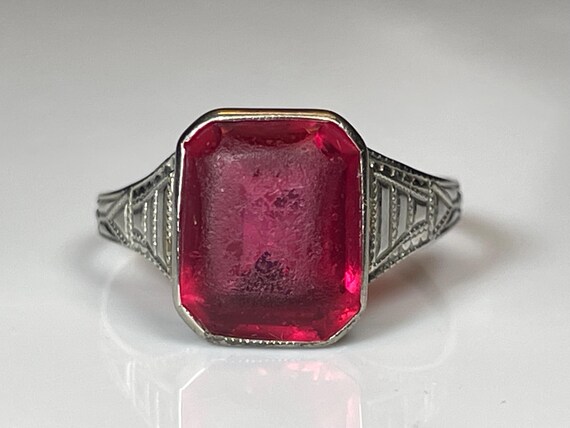 Art Deco Bezel Set Ruby Paste Ring in 10K White G… - image 7