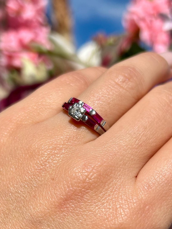 Art Deco Transitional Cut Diamond Ruby Baguette R… - image 4