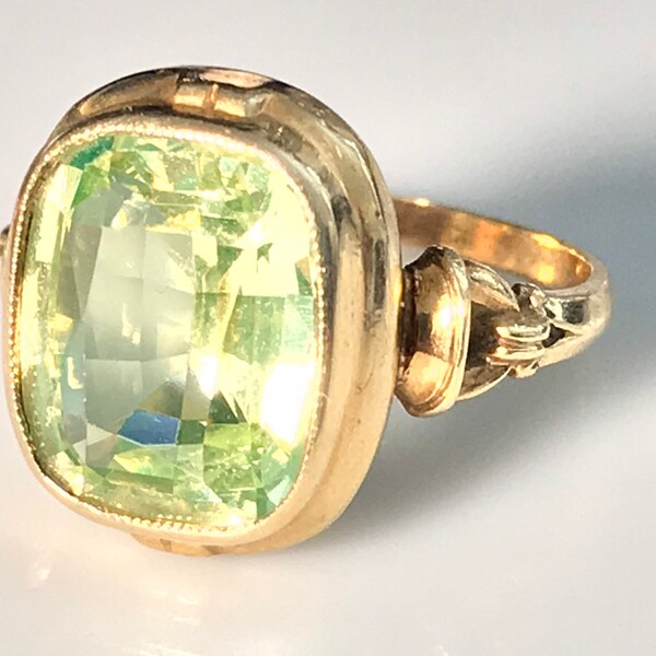 Reserved for M - Vintage Cushion-Cut Vaseline Glass Ring in 10K Yellow Gold