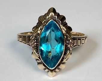 Antiker Marquise Blauer Edelstein Blütenring in Gelbgold