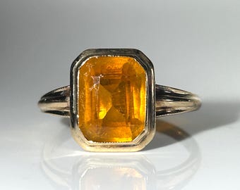 Art Deco Hessonite Garnet Ring in Yellow Gold Bezel Mount Emerald Cut