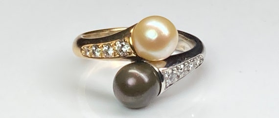 Vintage 18K Gold Two Tone Brown and White Pearl D… - image 2