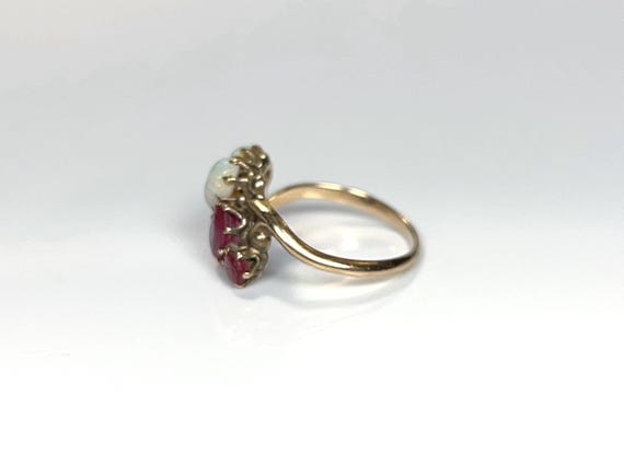 Art Nouveau Oval Opal Ruby Ring in 10K Yellow Gold - image 3