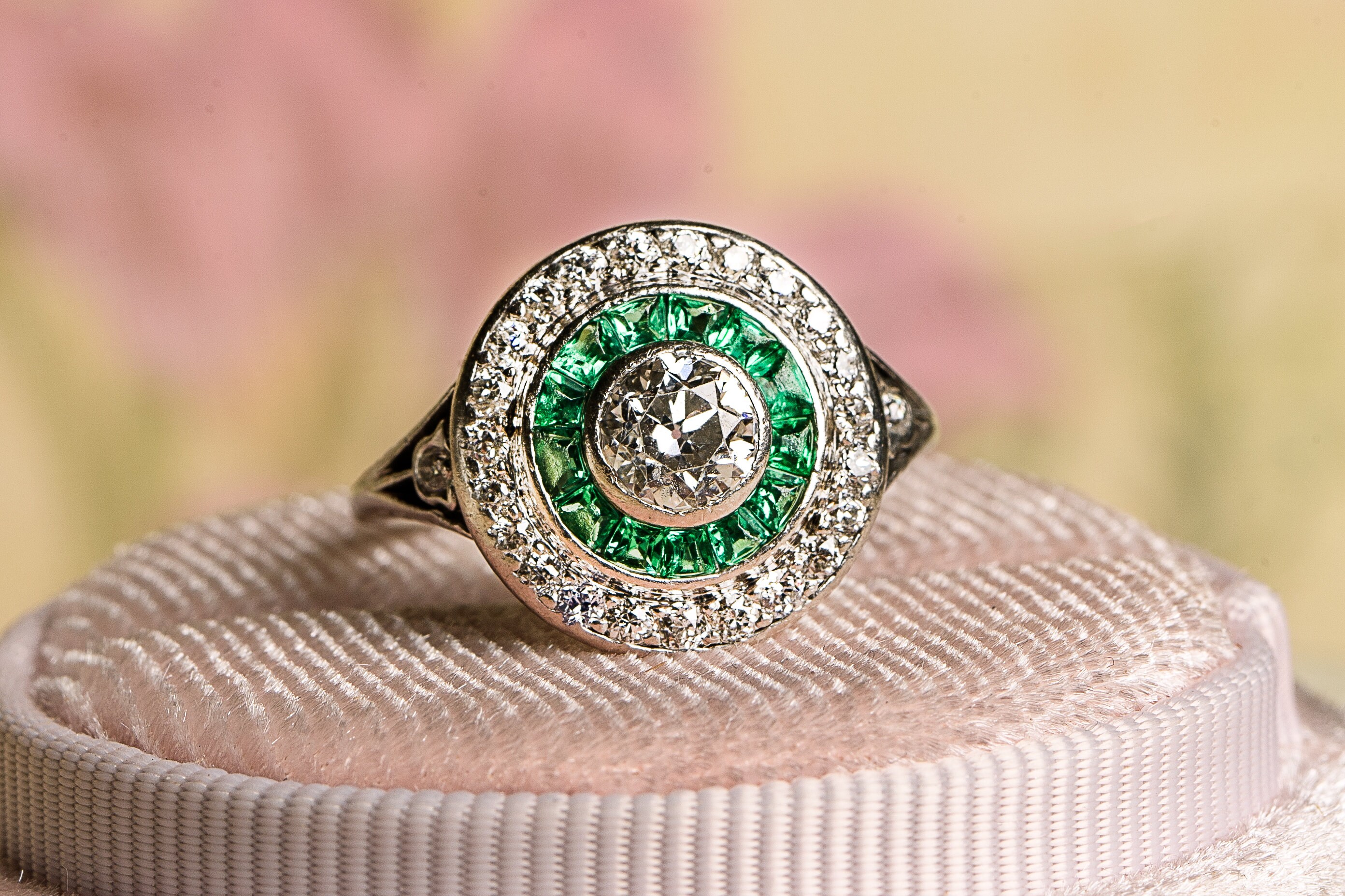 Art Deco Old European Cut Diamond Emerald Target Ring in Platinum