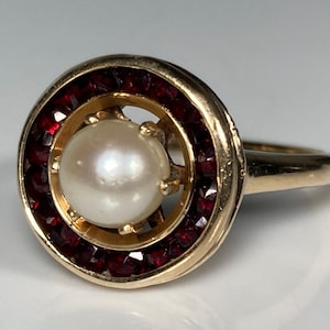 Art Deco Halo Bohemian Garnet Pearl Target Ring in 14K Yellow Gold