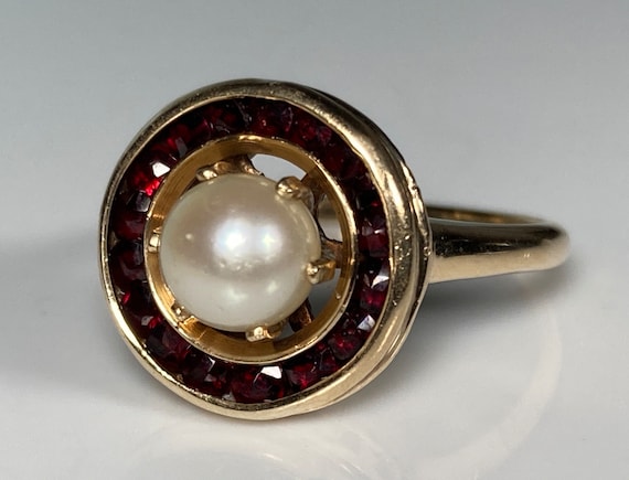 Art Deco Halo Bohemian Garnet Pearl Target Ring i… - image 1