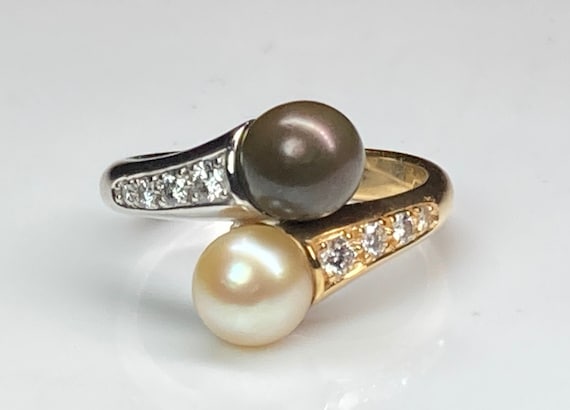 Vintage 18K Gold Two Tone Brown and White Pearl D… - image 1