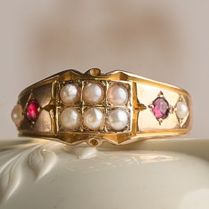 Victorian Ruby Seed Pearl Ring in 15K Yellow Gold with Full British Marks 1889