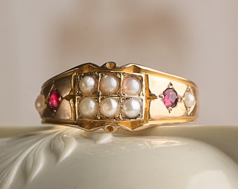 Dated 1889 15K Gold Ruby Seed Pearl Ring in 15K Yellow Gold with Full British Marks 1889