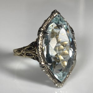 Art Deco Large Aquamarine Navette Ring in 14K Two Tone Gold - Etsy