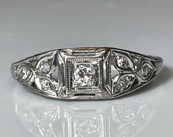 Art Deco Diamantring im Übergangsschliff in 750er Weißgold