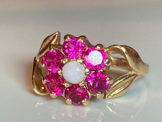 Antique Pink Ruby Opal Flower Ring in Yellow Gold - image 1