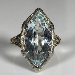 Art Deco Large Aquamarine Navette Ring in 14K Two Tone Gold - Etsy