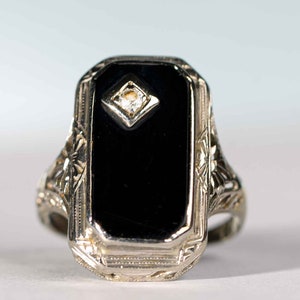 Art Deco 18K Black Onyx Diamond Ring in 18K White Gold