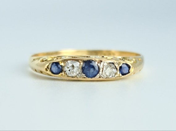 Antique Sapphire Mine Cut Diamond Ring in 18K Yel… - image 1